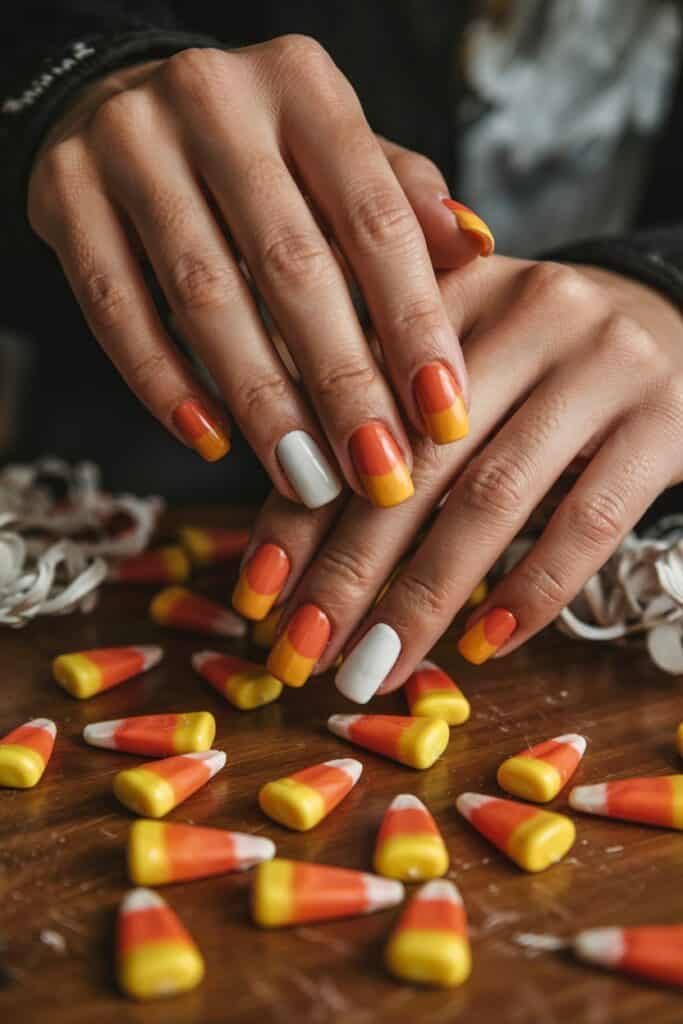 Short nails with yellow, orange, and white candy corn gradient design perfect for Halloween.
