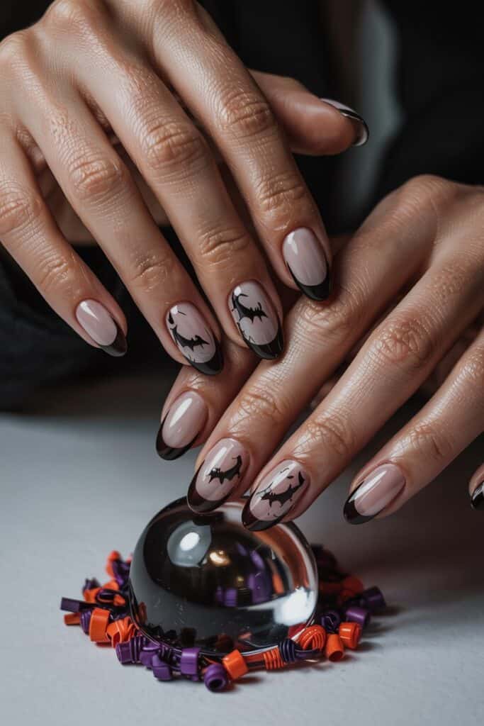 Short nails with black French tips and small bat silhouettes near the cuticles for a subtle Halloween design.
