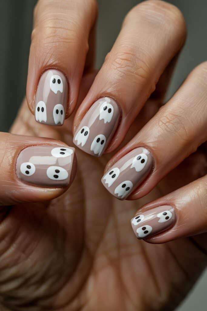 Short nude nails featuring cute white ghost designs with simple black dot eyes for a minimalist Halloween look.
