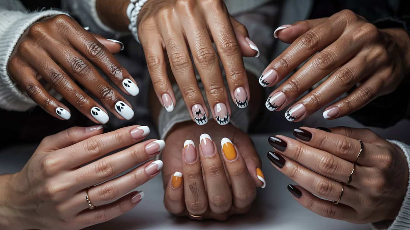 Various short Halloween nails designs showcased on multiple hands, including ghost patterns, French tips with bat designs, candy corn colors, and classic black manicures.
