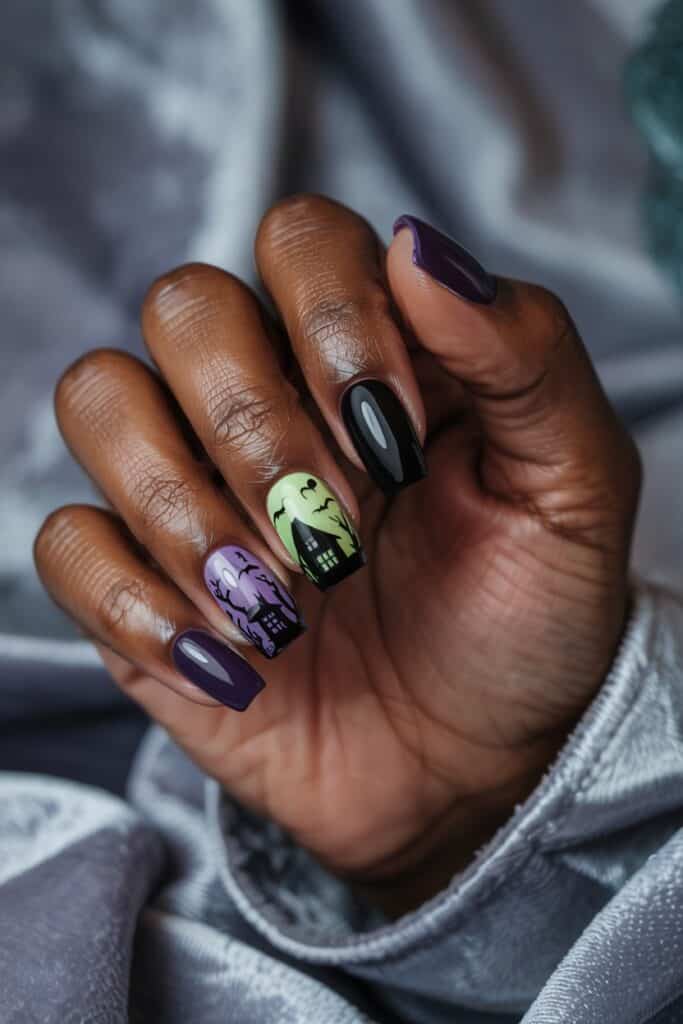 Short nails with a purple-to-black gradient accent featuring a haunted house silhouette, moon, and bats.
