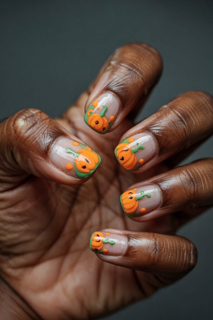 Short nude nails featuring tiny orange pumpkin dots with green stems for a festive Halloween design.
