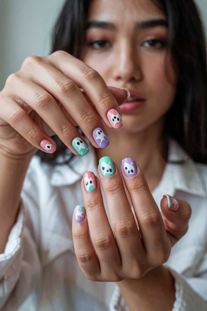 Short pastel nails decorated with cute Halloween motifs including pink ghosts and lilac stars.
