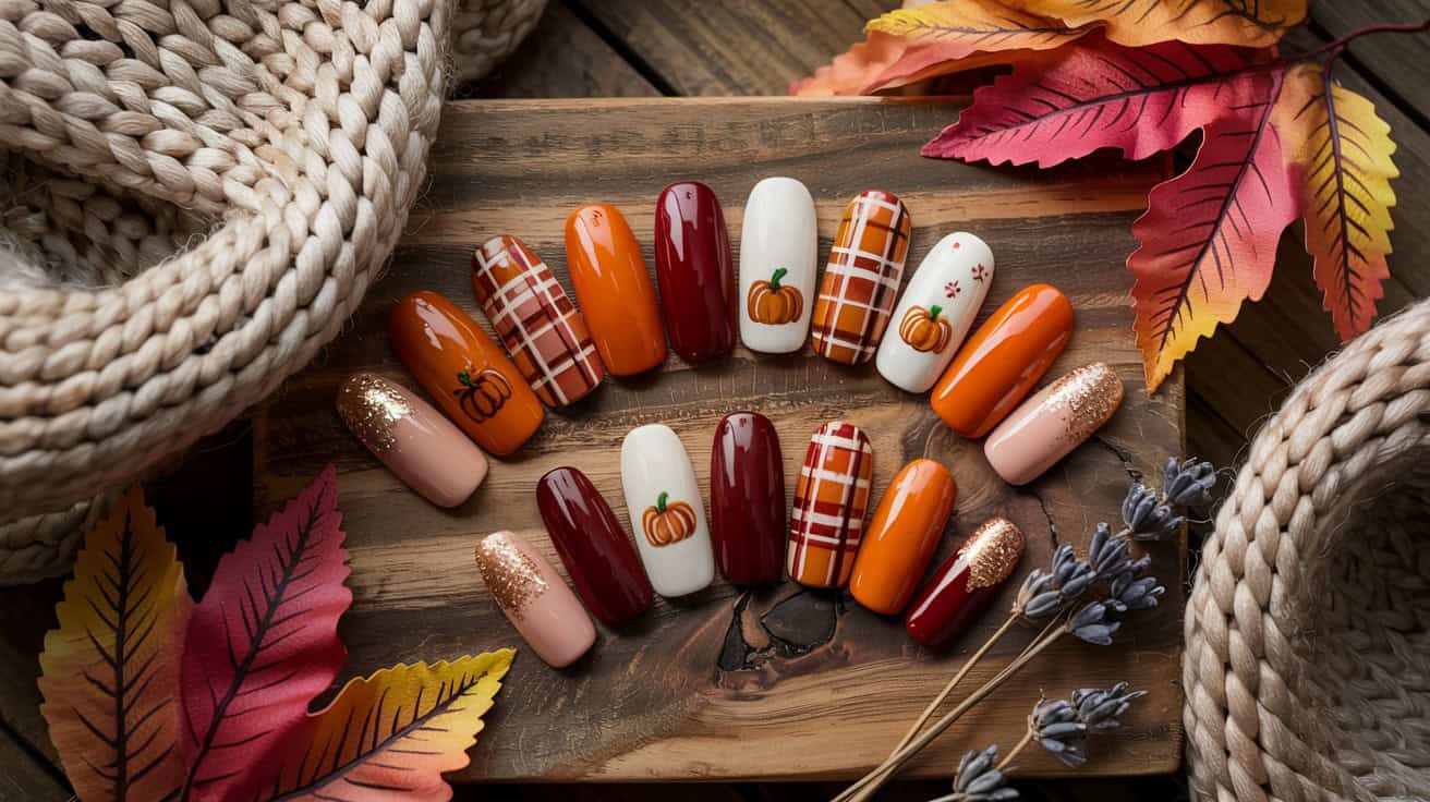 Fall-themed nail art display featuring orange, burgundy, and white nails with pumpkin designs and plaid patterns for Thanksgiving.
