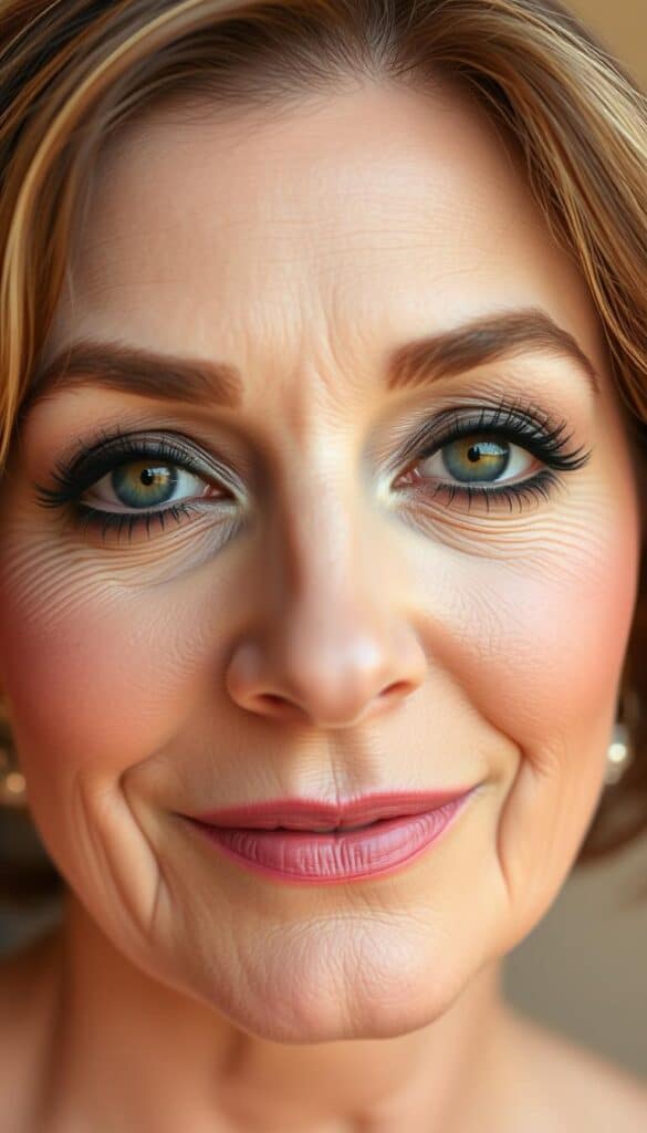 A close-up image of a woman's eyes, showcasing a beautifully blended brown smokey eye makeup look. The eyeshadow is expertly applied with a soft, diffused edge, creating a flattering and youthful appearance. The lighting is warm and natural, highlighting the delicate features and emphasizing the dimensional quality of the eyeshadow. The background is a simple, neutral tone that allows the eye makeup to take center stage. The model is likely over 40 years old, but the makeup application avoids harsh lines or heavy-handed techniques, instead enhancing her natural beauty.
