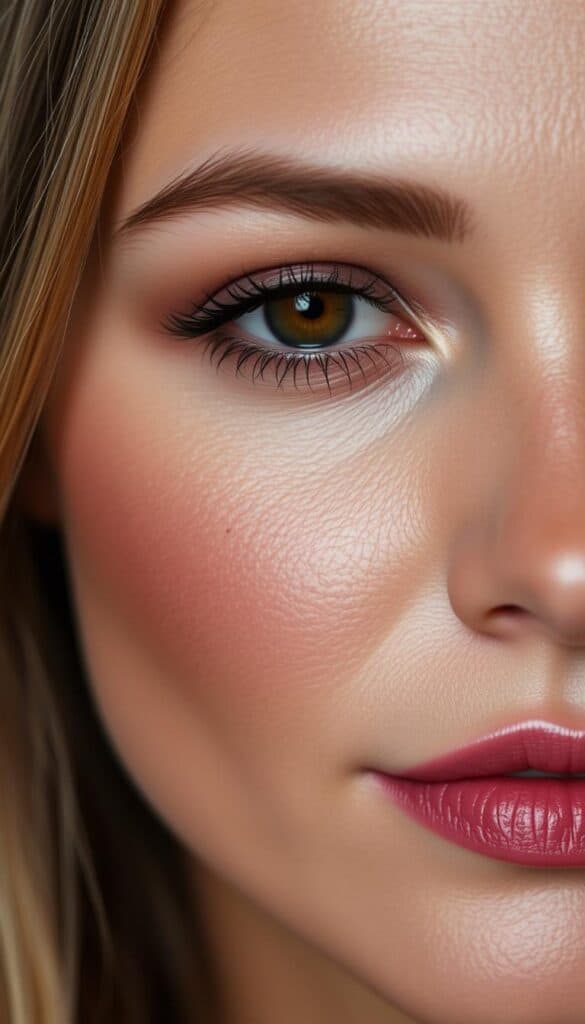 A close-up of a 40-year-old woman's face, illuminated by soft, natural light that accentuates her warm-toned brown eyes. Her eyelids are delicately defined with a smokey, shimmering eyeshadow palette in subtle, neutral hues, creating a sultry yet refined look. The makeup is skillfully applied, enhancing her features without appearing heavy or overpowering. The overall effect is a glowing, youthful appearance that effortlessly lifts and brightens her eyes.