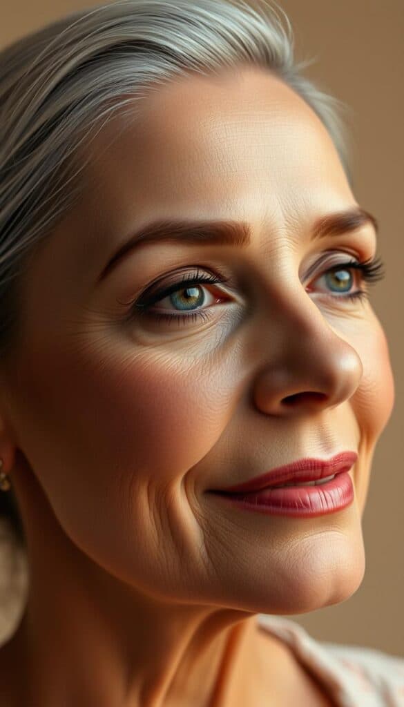 A close-up portrait of a mature woman's face with a warm, neutral smokey eye makeup look. Delicate shades of brown and beige are softly blended across the eyelid, creating a flattering, sultry effect. The skin has a healthy, glowing appearance under a gentle, directional lighting that emphasizes the facial features. The background is a simple, neutral tone that allows the makeup details to take center stage. The overall atmosphere is elegant, sophisticated, and subtly enhancing.