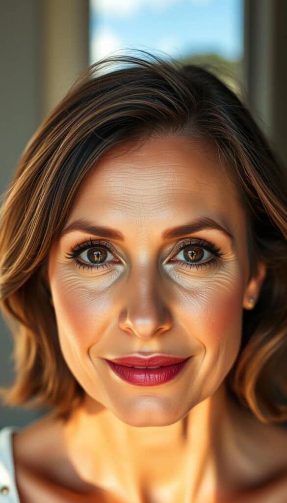 A close-up portrait of a woman in her 40s with brown eyes, her face illuminated by soft, warm natural light. Delicate smokey eye makeup in shimmering browns and golds, blended seamlessly from lash line to crease. Subtly defined brows and a hint of bronzer on the cheeks create a radiant, youthful complexion. The look transitions effortlessly from day to night, highlighting the natural beauty of mature skin.