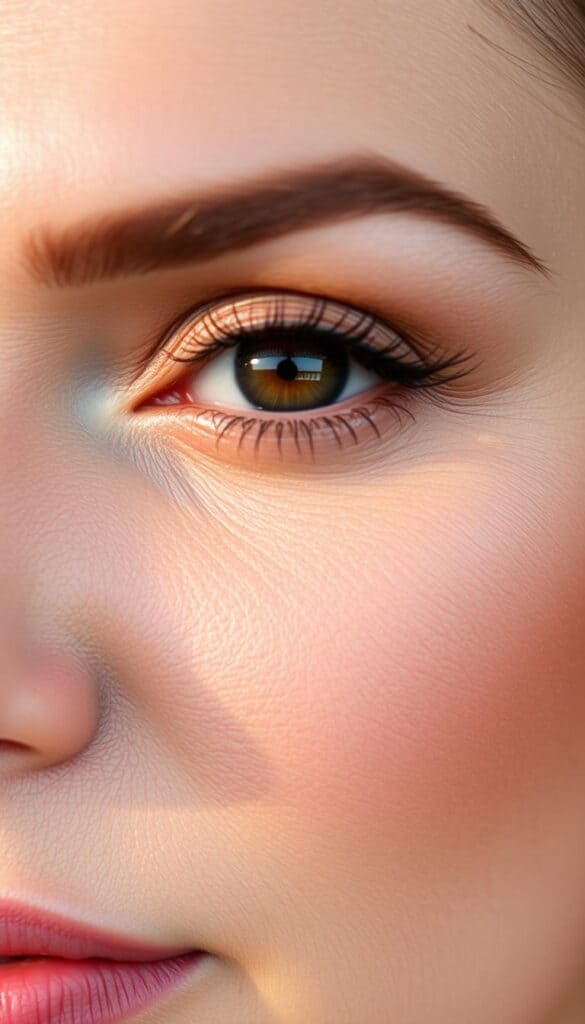 A close-up shot of a 40-year-old woman's face, with soft, natural lighting illuminating her warm brown eyes. Her eyelids are gently adorned with a shimmering champagne highlighter, accentuating the inner corners and brow bone. The eyeshadow palette features subtly blended shades of bronze, honey, and taupe, creating a sultry, yet refined eye makeup look. The overall aesthetic is one of understated elegance, highlighting the natural beauty of the model's features.