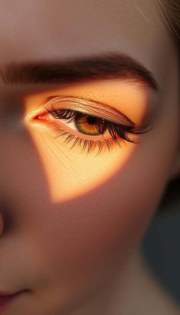 A close-up shot of a woman's eye, featuring a soft, blended brown smokey eye makeup technique. Warm, diffused lighting creates a glowing, radiant effect, highlighting the delicate shimmering eyeshadow placement. The eyeshadow blends seamlessly from the lash line to the crease, creating dimension and depth. The background is a neutral, out-of-focus setting, allowing the eye makeup to be the focal point. The overall mood is refined, sophisticated, and flattering for a woman over 40.