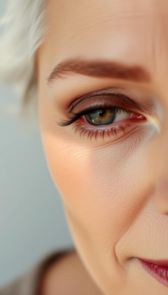 A close-up shot of a woman's eyelid, meticulously blended with a warm, soft brown smokey eye eyeshadow. The lighting is gentle and natural, creating a flattering, glowing effect on the mature skin. The background is a simple, neutral tone, allowing the focus to remain on the blending technique. The eyeshadow is seamlessly blended, creating a soft, diffused edge that enhances the eyes without harsh lines. The overall mood is elegant, refined, and age-appropriate.