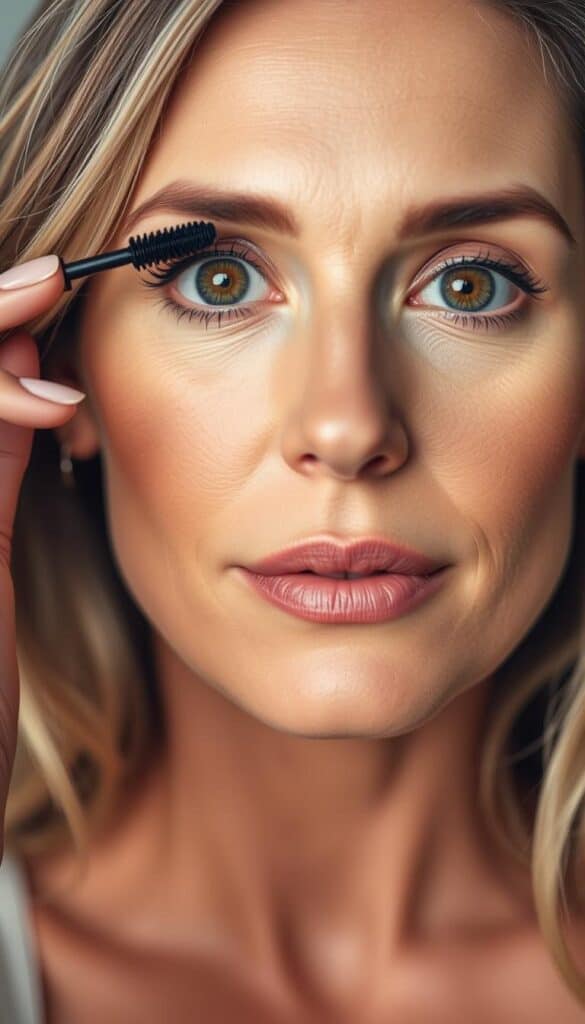 A close-up shot of a woman's face as she applies mascara to her brown eyes. Her skin has a natural, youthful glow, and her features are subtly accentuated with a soft, warm-toned makeup look. The lighting is soft and diffused, highlighting the delicate details of her eye makeup application technique. The mascara wand is visible, poised to sweep upwards, adding volume and definition to her lashes. The overall mood is one of effortless elegance, capturing the beauty and confidence of a mature woman.