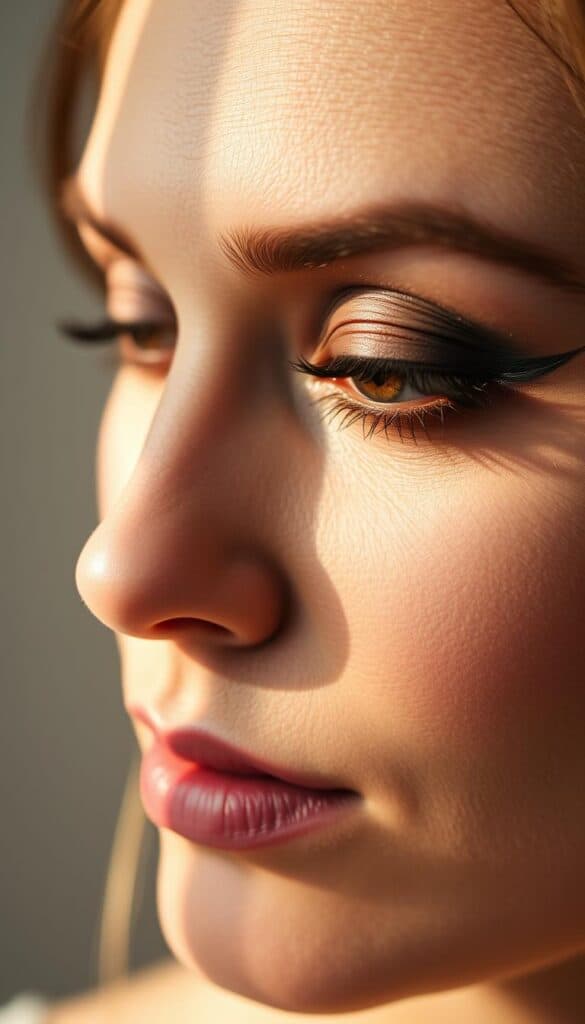 A close-up shot of a woman's face, illuminated by warm, natural lighting. Her eyelids are gently brushed with a rich, brown smokey eye, expertly blended for a soft, flattering effect. The focus is on her lash line, where the makeup has been carefully applied to define and enhance her beautiful brown eyes. The background is a neutral, muted tone, allowing the delicate eye makeup to take center stage. The overall mood is one of sophistication and timeless beauty, capturing the essence of a makeup routine tailored for the mature, refined woman.