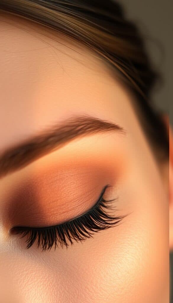A close-up view of a woman's eyelid, showing the application of rich, velvety chocolate brown eyeshadow. The eyeshadow is smoothly blended, with no harsh edges, creating a soft, diffused look. Warm, ambient lighting casts a gentle glow, accentuating the natural texture of the skin. The background is a muted, neutral tone, keeping the focus on the delicate eye makeup application. The overall mood is one of effortless sophistication, perfect for a mature, refined look.