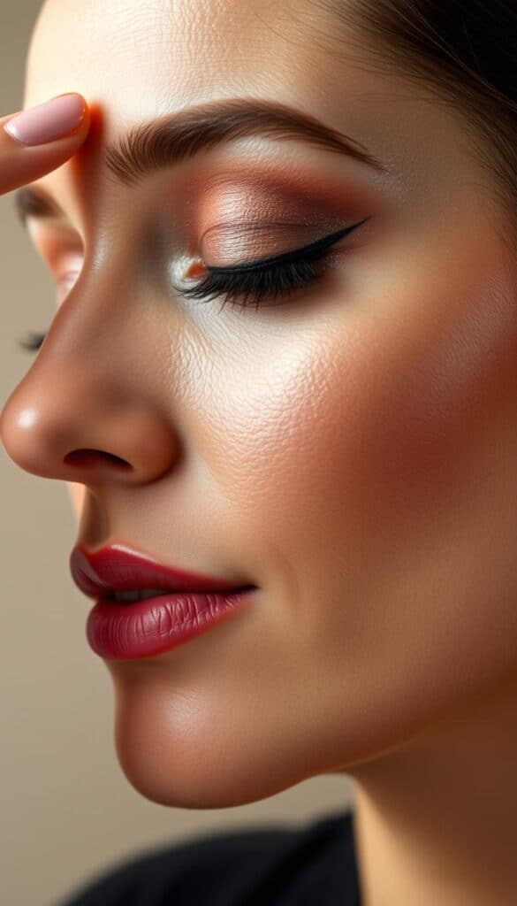 A close-up view of a woman's face as she applies a warm, brown smokey eye makeup technique. The eyeshadow is expertly blended, creating a soft, diffused effect with no harsh edges. Subtle highlights accentuate the natural contours, and the overall look is enhanced by soft, flattering lighting from the side. The background is a simple, neutral tone that allows the makeup to take center stage. This technique is designed to flatter and enhance the features of women over 40, creating a sophisticated and youthful appearance.
