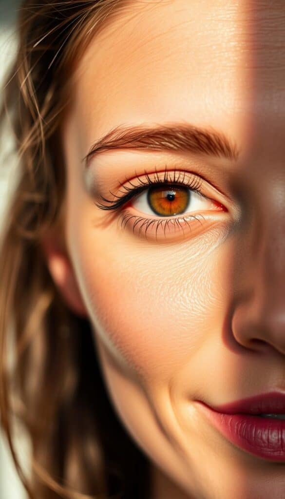 A soft, glowing close-up of a 40-year-old woman's face, her warm brown eyes accentuated by a subtle, flattering makeup palette. Natural sunlight illuminates her features, creating a radiant, youthful glow. The eye makeup is a blend of earthy tones - rich browns, subtle golds, and hints of bronze - that complement her complexion and eye color. Her skin is luminous, with a healthy, dewy finish. The overall effect is effortlessly beautiful, highlighting the natural charm and allure of her brown eyes.