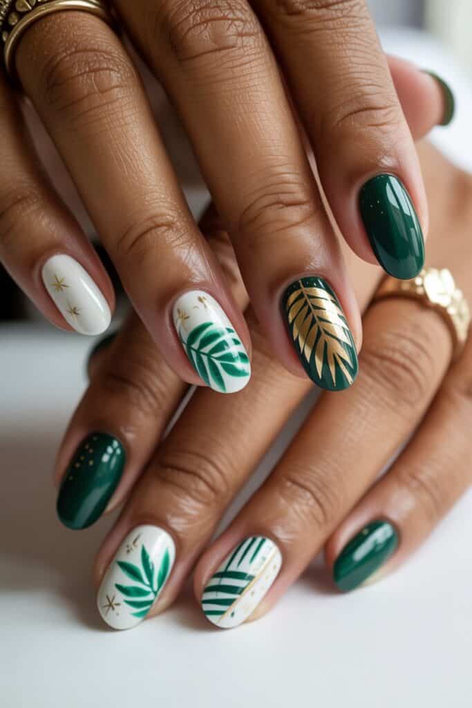 Green nails with tropical leaf outlines in sage and gold