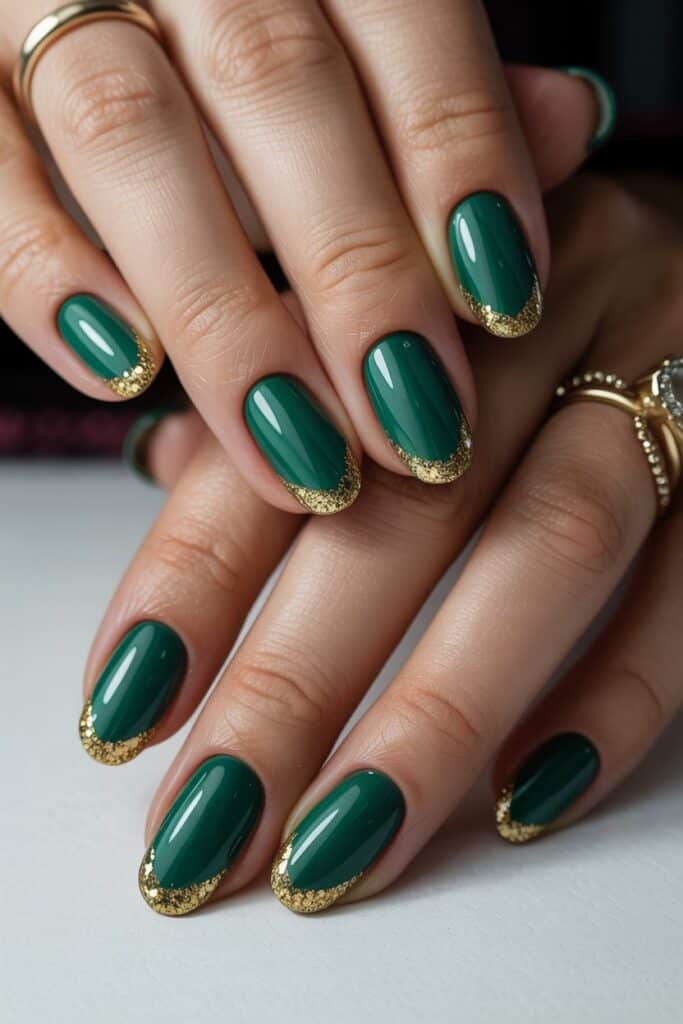 Glossy emerald nails with thin gold French tips
