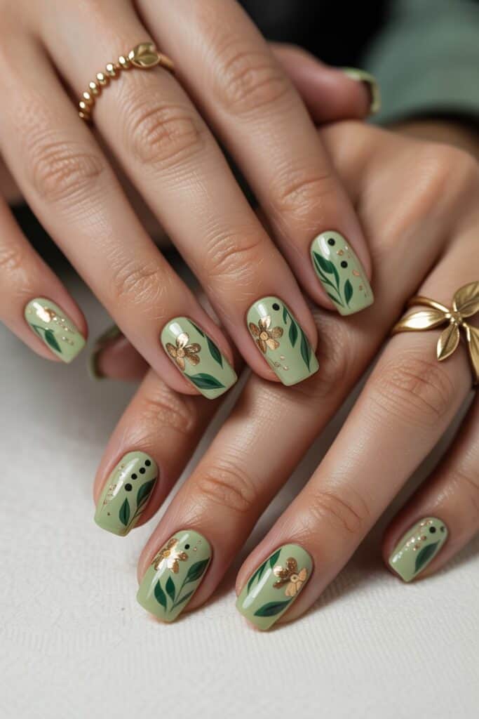 Tiny sage florals with gold dot centers on a sheer base