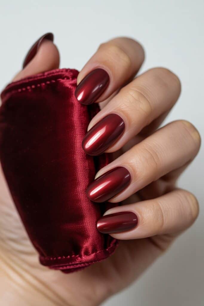 Dark cherry red nails with a subtle red chrome sheen