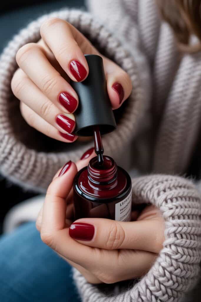 Close-up of manicured dark cherry red nails on short almond shapes