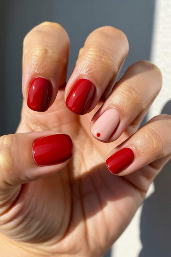Dark cherry red nails with a nude accent nail and tiny heart detail