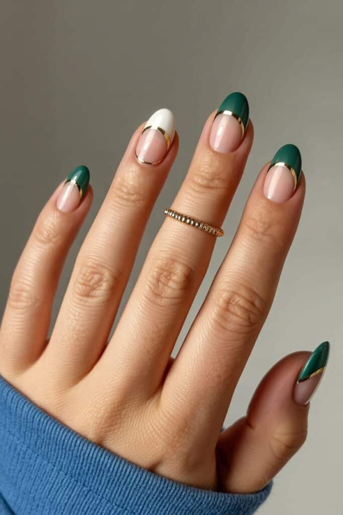 Jade arcs with a thin gold pinstripe and clean negative space