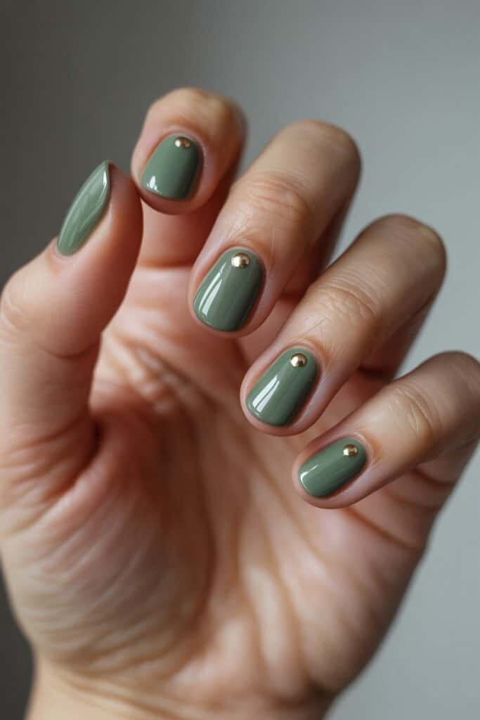 Sage green nails with three tiny gold dots at the cuticle