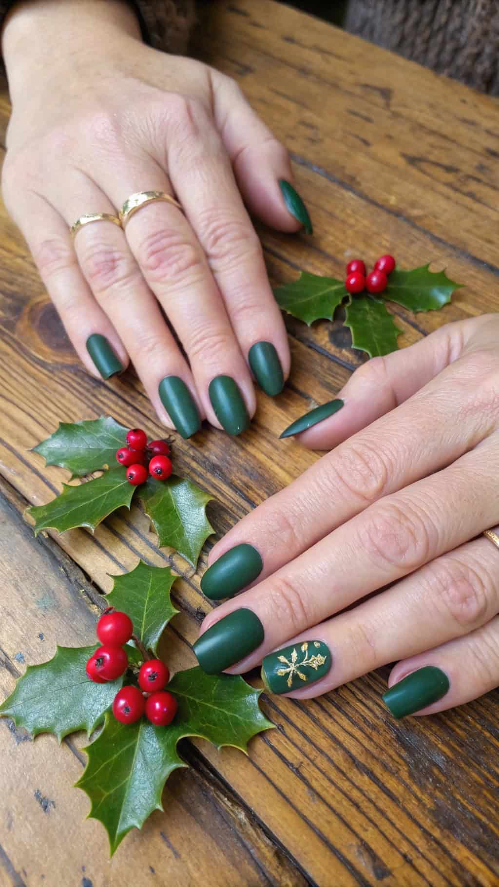 Nail design featuring deep green polish with holly leaf details and red berries