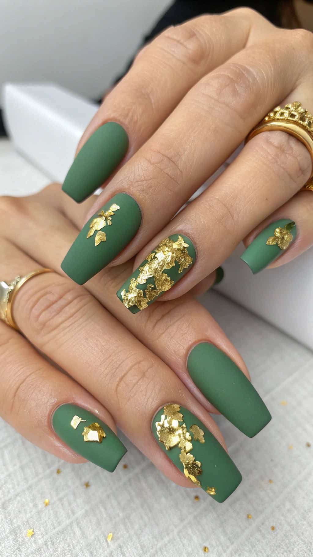 Matte green nails with gold foil accents