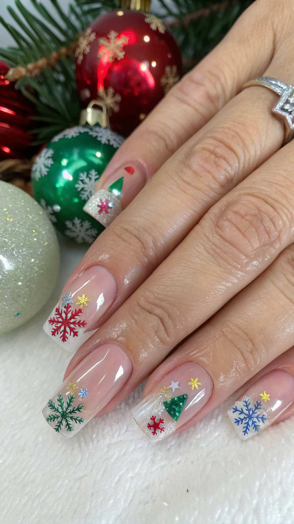 Nails with glittering ornaments and snowflakes on a clear base, surrounded by Christmas decorations.