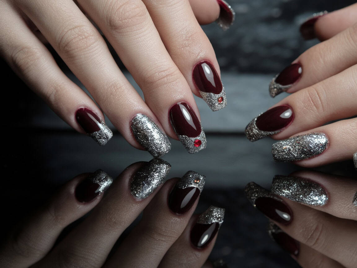 Dark cherry red nails with silver glitter accents