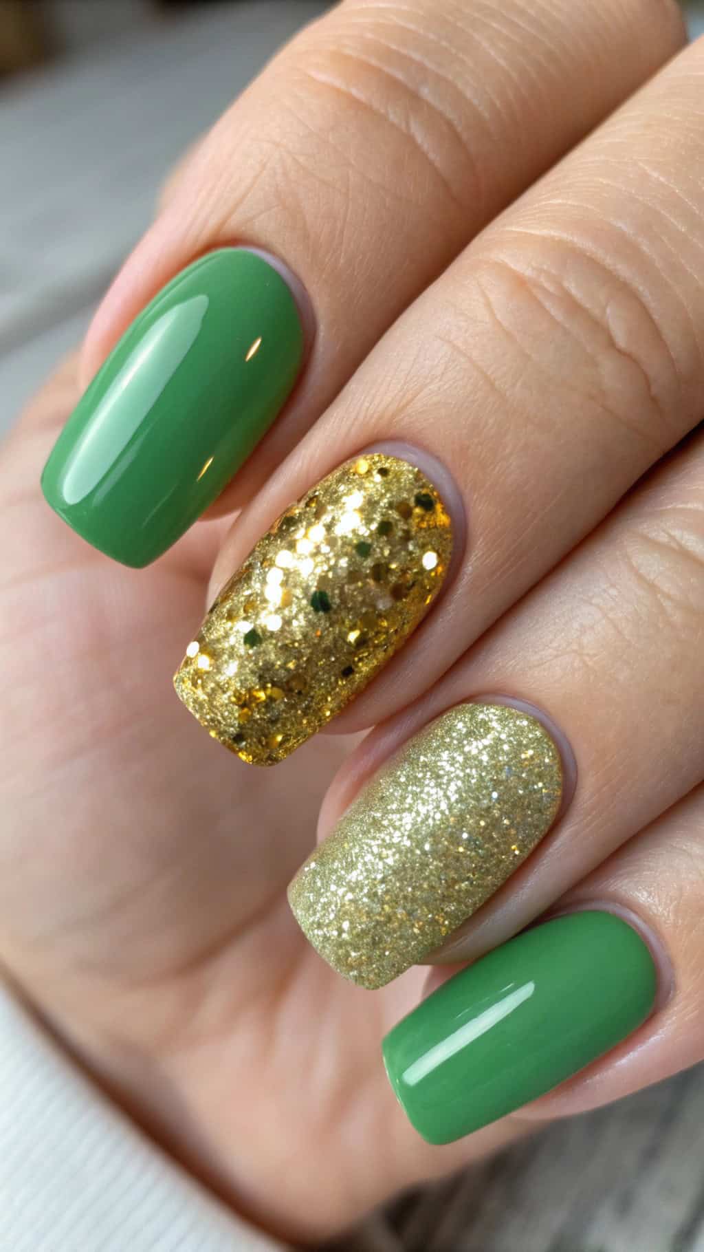 Close up of glossy green nails with gold glitter accents on two fingers