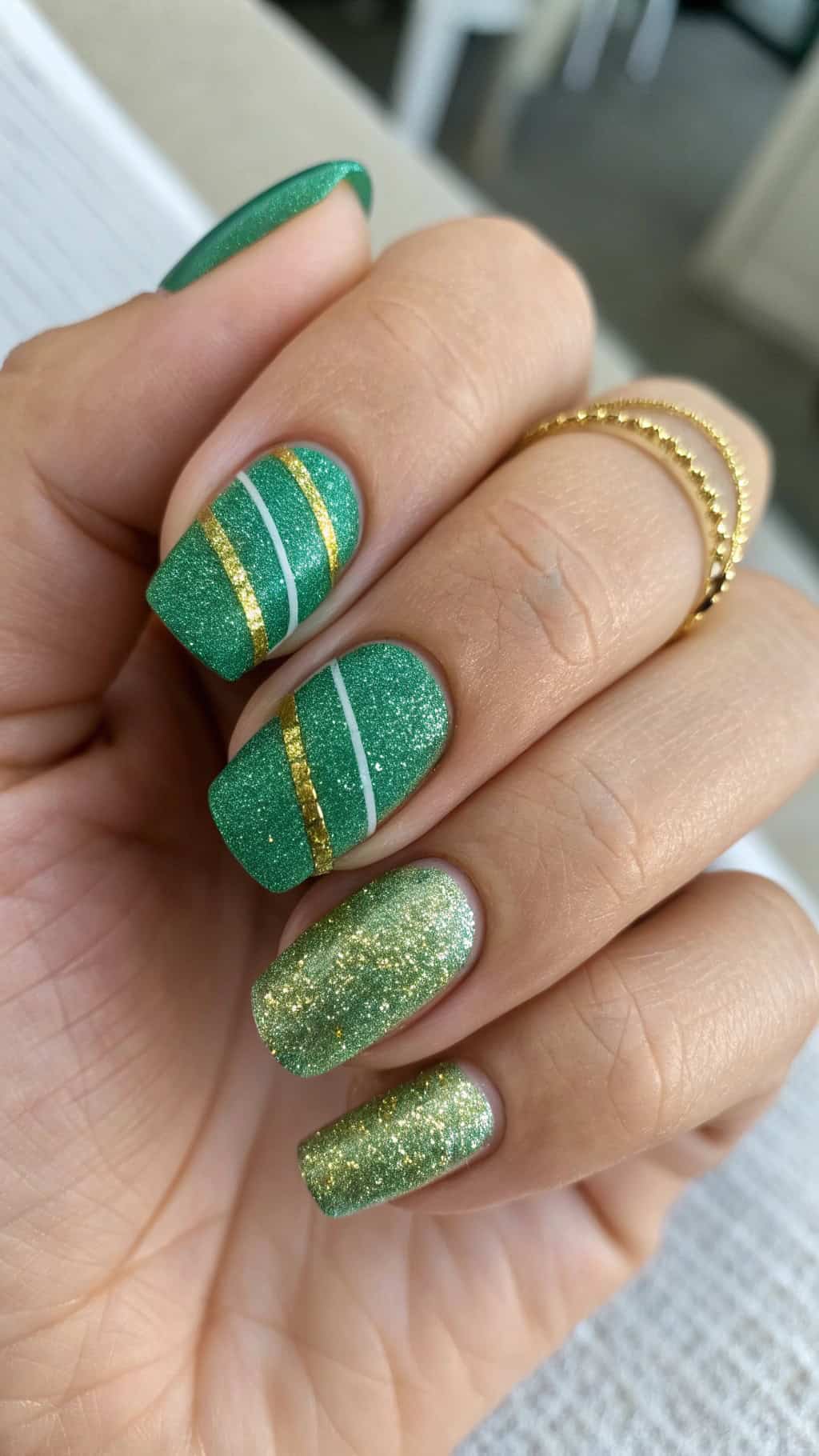 Sparkling emerald nails with two thin gold stripes off center