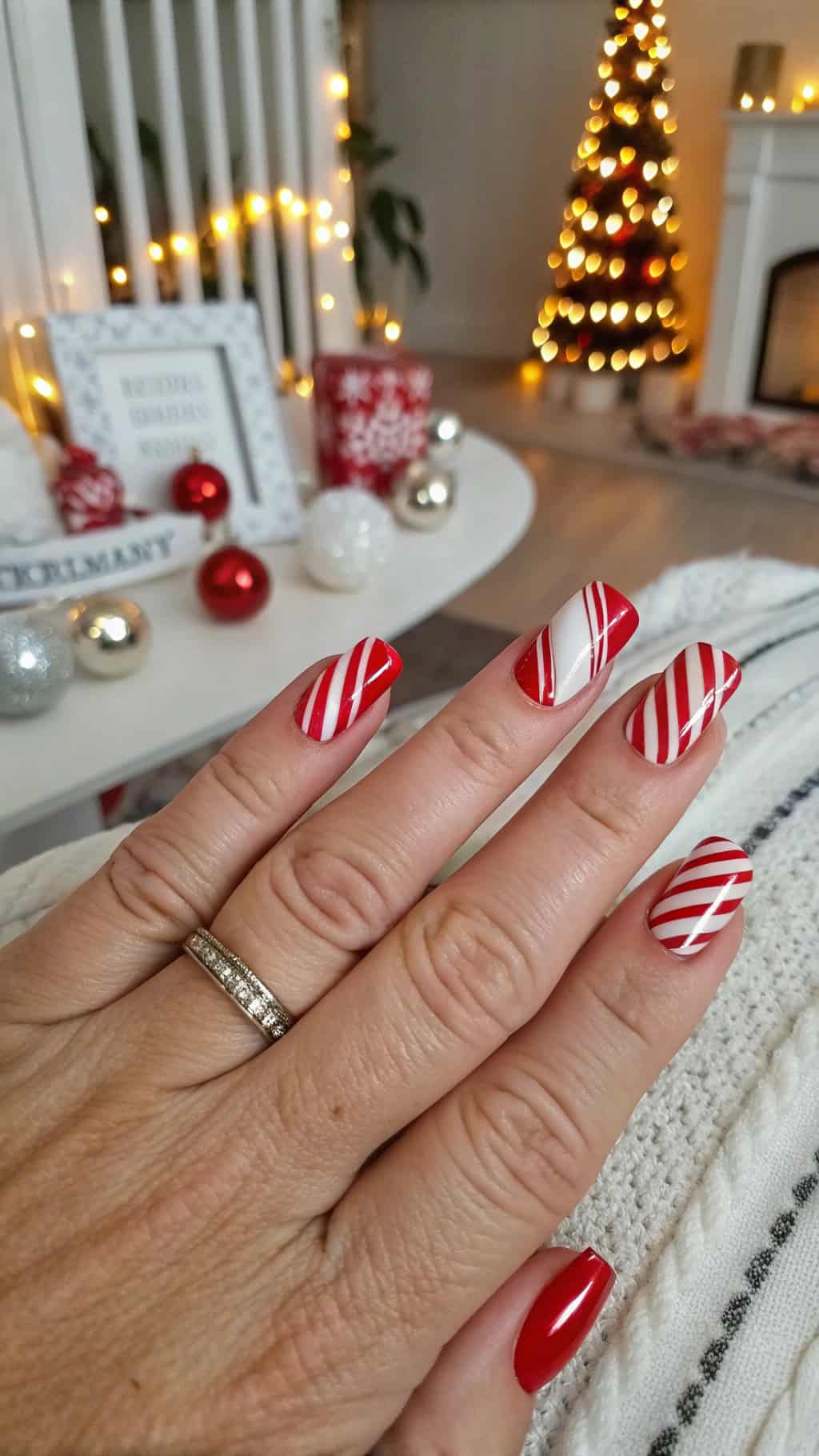 Nails painted with red and white candy cane stripes, set against a cozy holiday background.