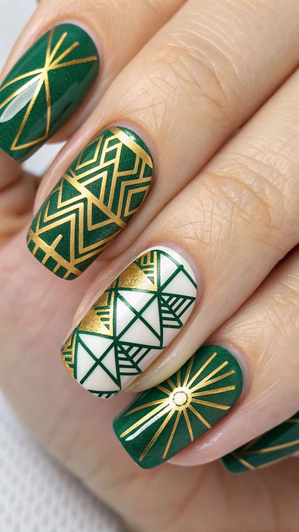 Geometric nail designs in dark green with metallic gold lines
