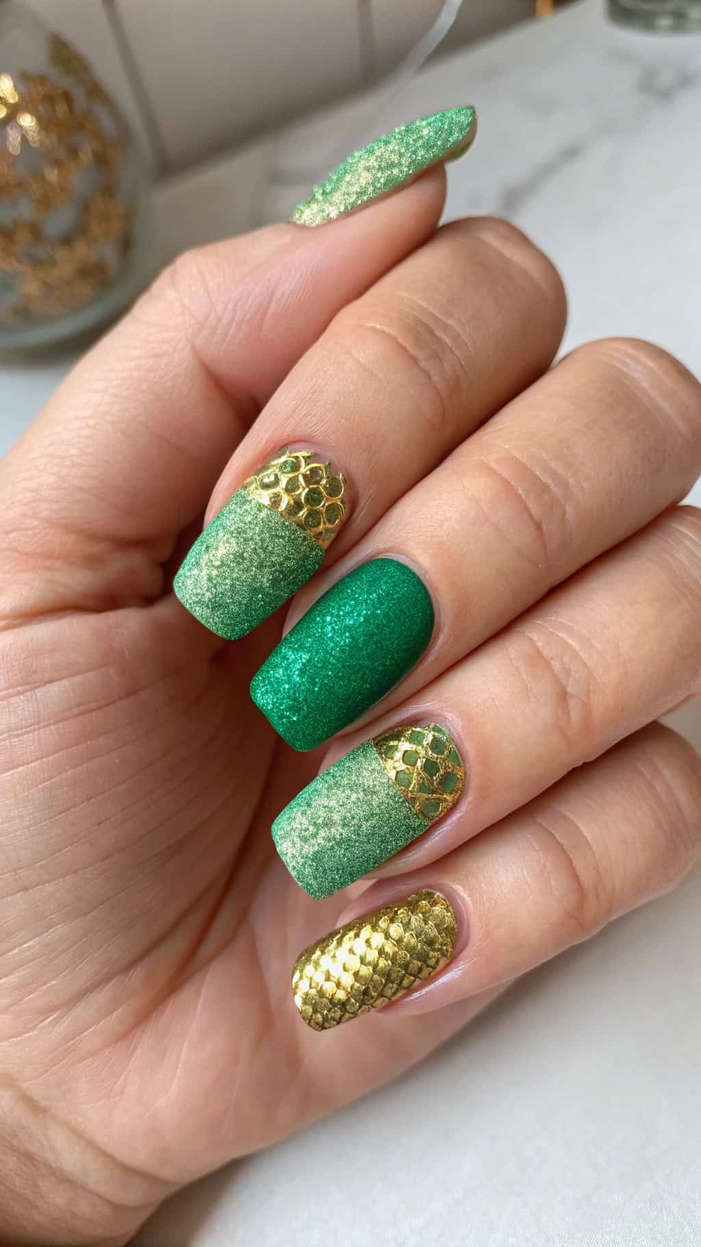 Mixed finish green nails with matte satin and glossy textures plus gold leaf accents