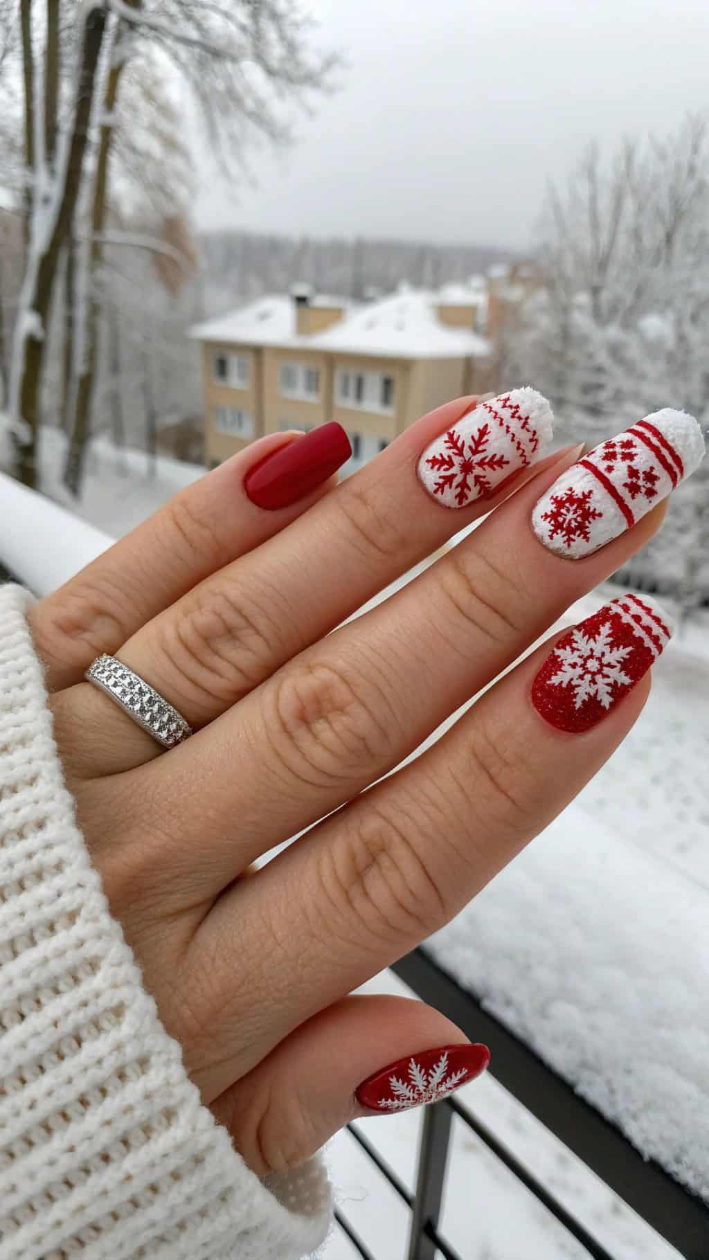 A hand with red and white sweater pattern nails against a snowy background