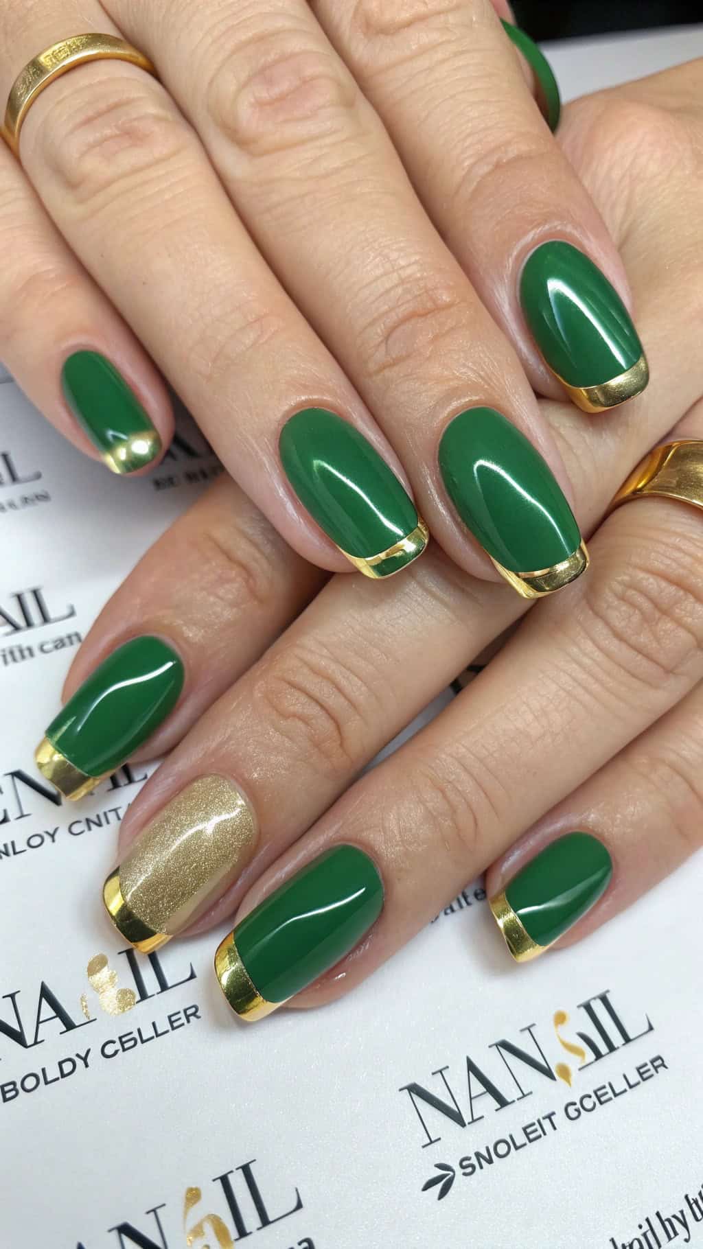 Close up of glossy green nails with gold French tips