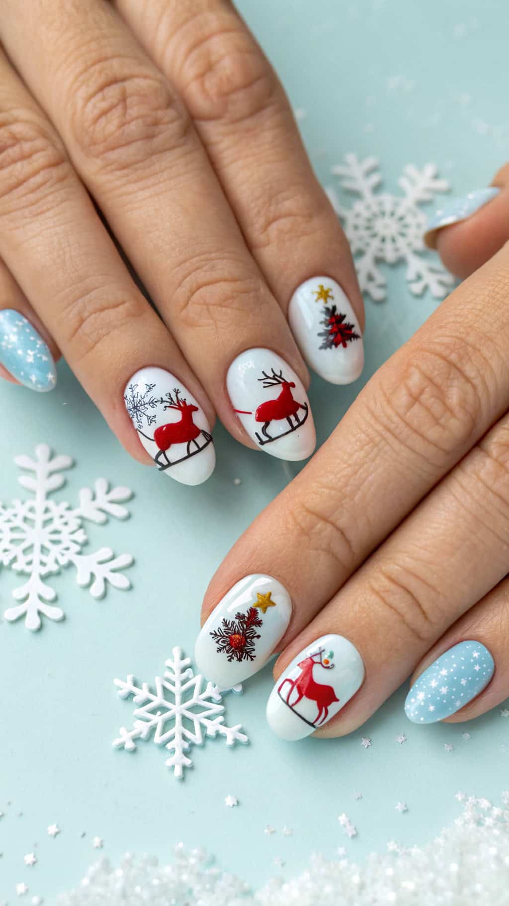Nails decorated with reindeer and sleigh illustrations on a light blue background, surrounded by snowflakes.