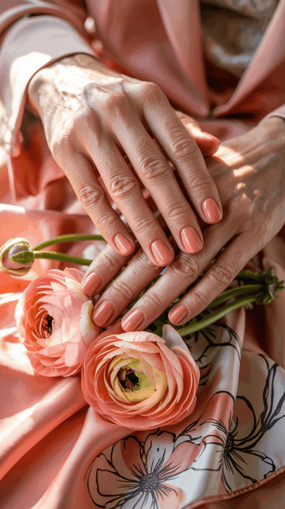 Coral-pink manicured hands resting on a floral silk scarf with matching coral ranunculus flowers.