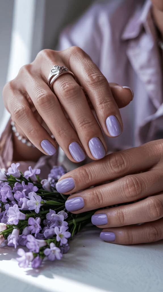 Lavender purple manicured nails with a silver ring positioned above small purple flowers.