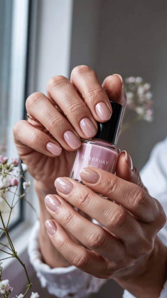 Hands with glossy pink manicure holding a bottle of Herpriiay nail polish with delicate flowers in the background.