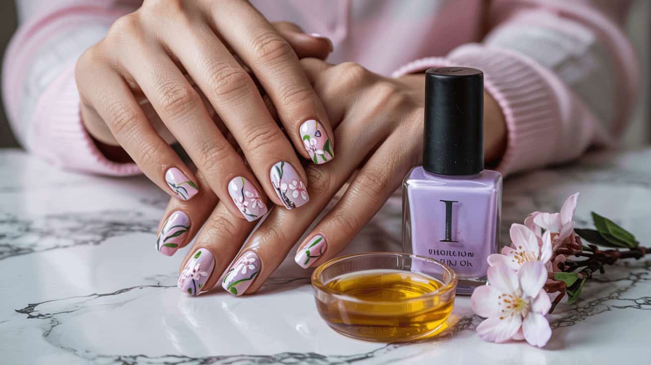 Beautiful floral nail design featuring lavender-colored nails with white flower accents.