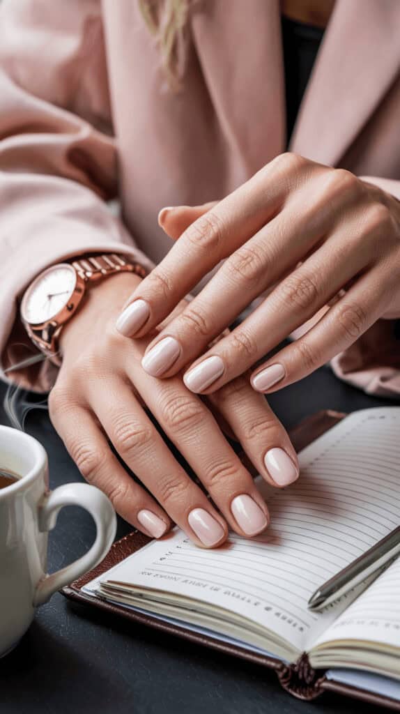 Elegant hands with pale pink manicure resting on an open notebook, with a rose gold watch and coffee cup nearby.