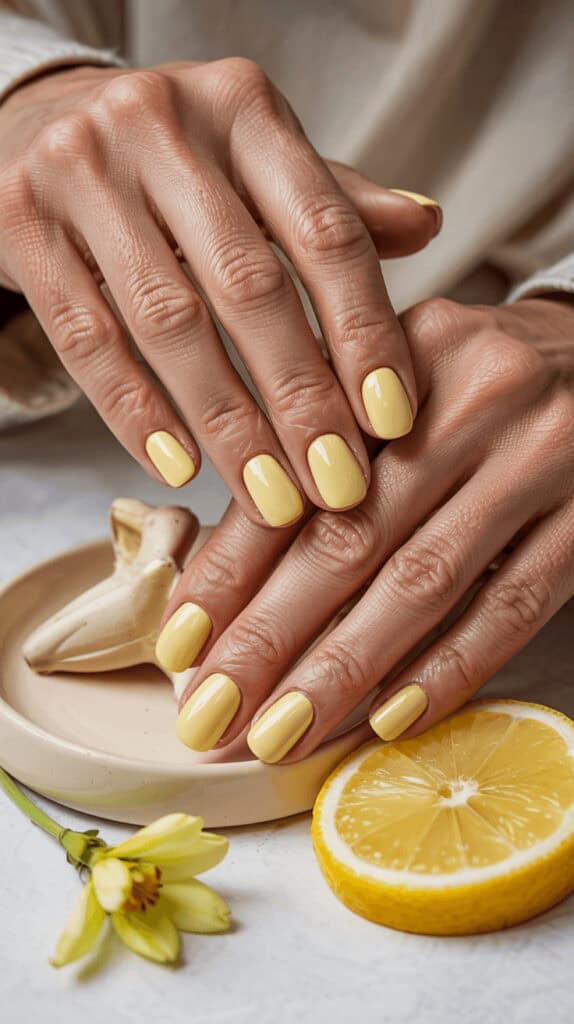 Bright yellow manicured nails displayed next to a lemon slice, ceramic dish, and small yellow flower on light fabric.