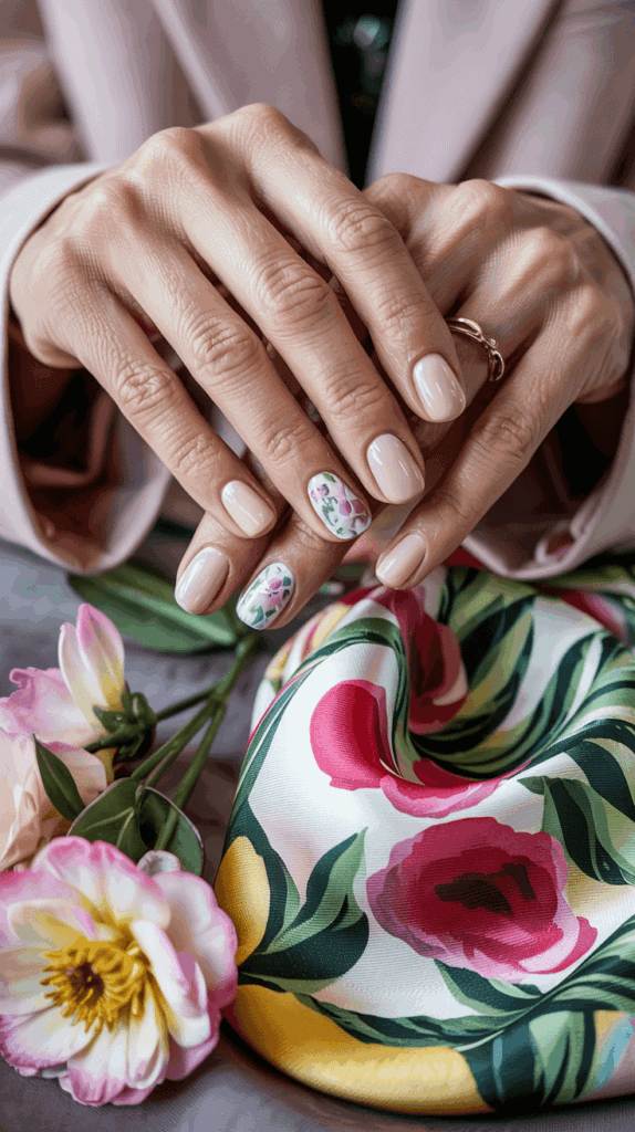 Hands with nude manicure featuring floral accent nails, positioned above a floral silk scarf and fresh flowers.