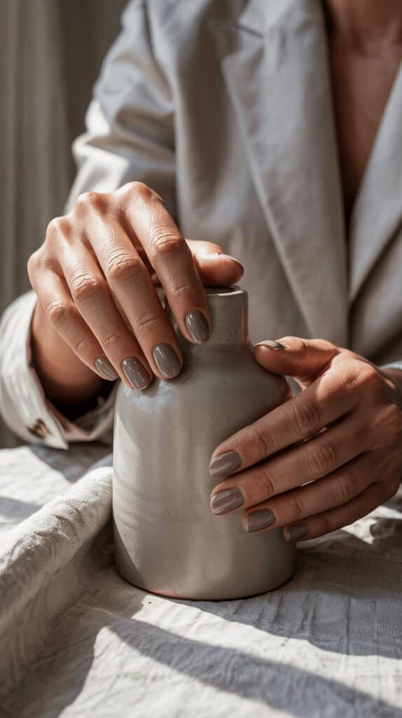 Hand with manicured nails holding a ceramic vase.