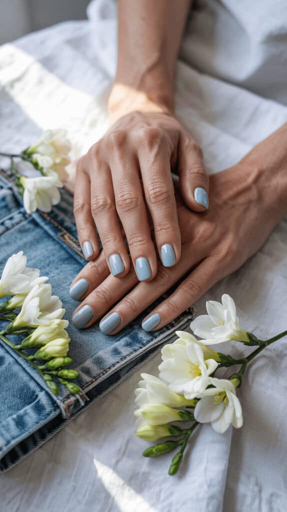 Hands with pale blue manicure positioned on denim with white freesia flowers arranged alongside.