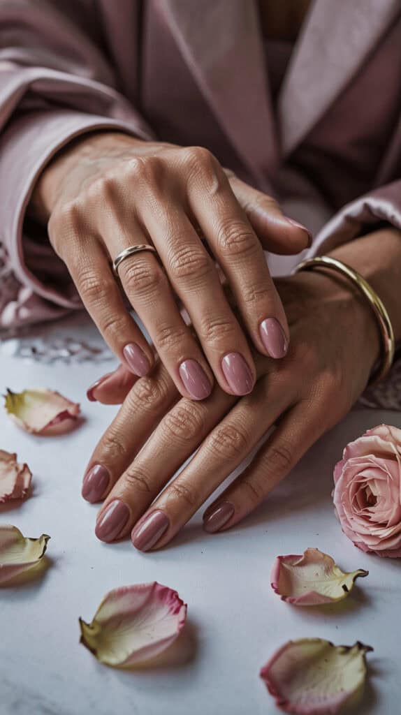 Hands with mauve nail polish arranged artistically among scattered rose petals and a pink rose.